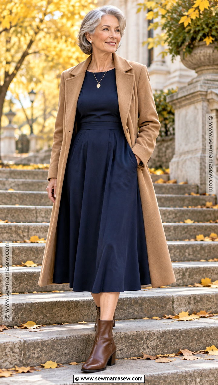 Navy Dress And Camel Coat Fall Senior Picture Outfit - 25 senior pictures outfits fall
