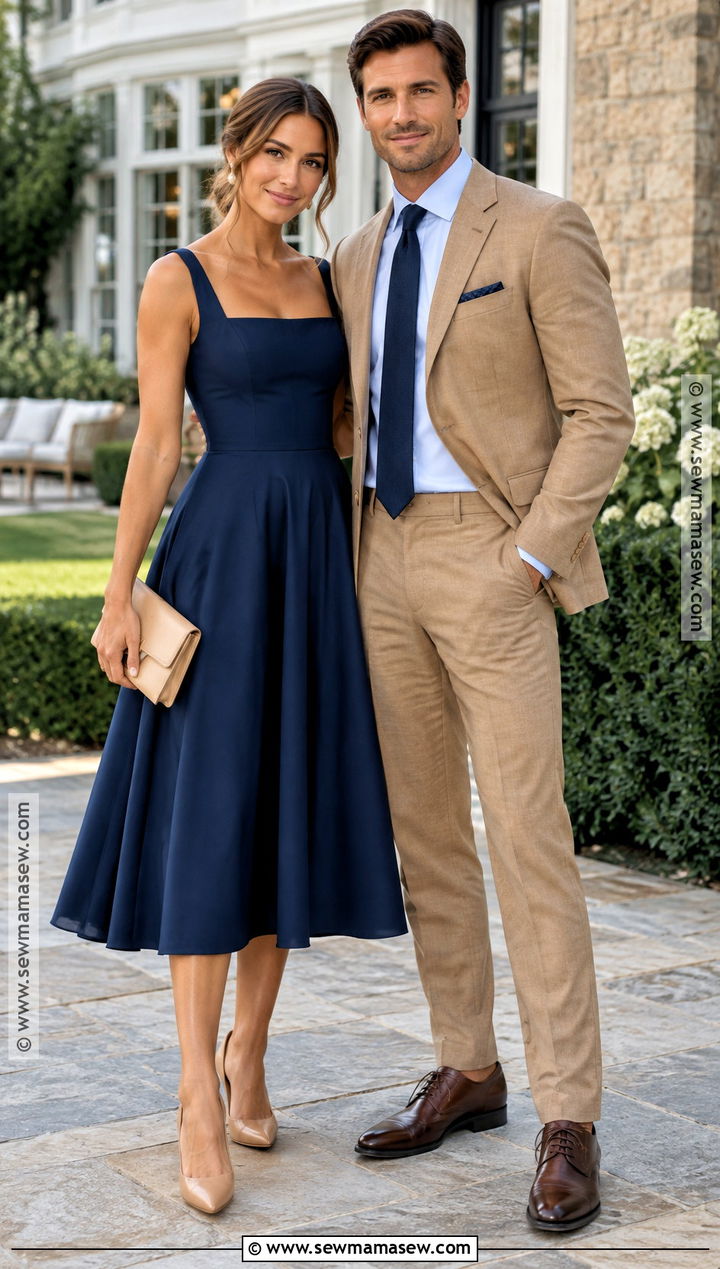 Navy Dress And Camel Suit Fall Wedding Guest Outfit - 15 couples wedding guest outfits fall