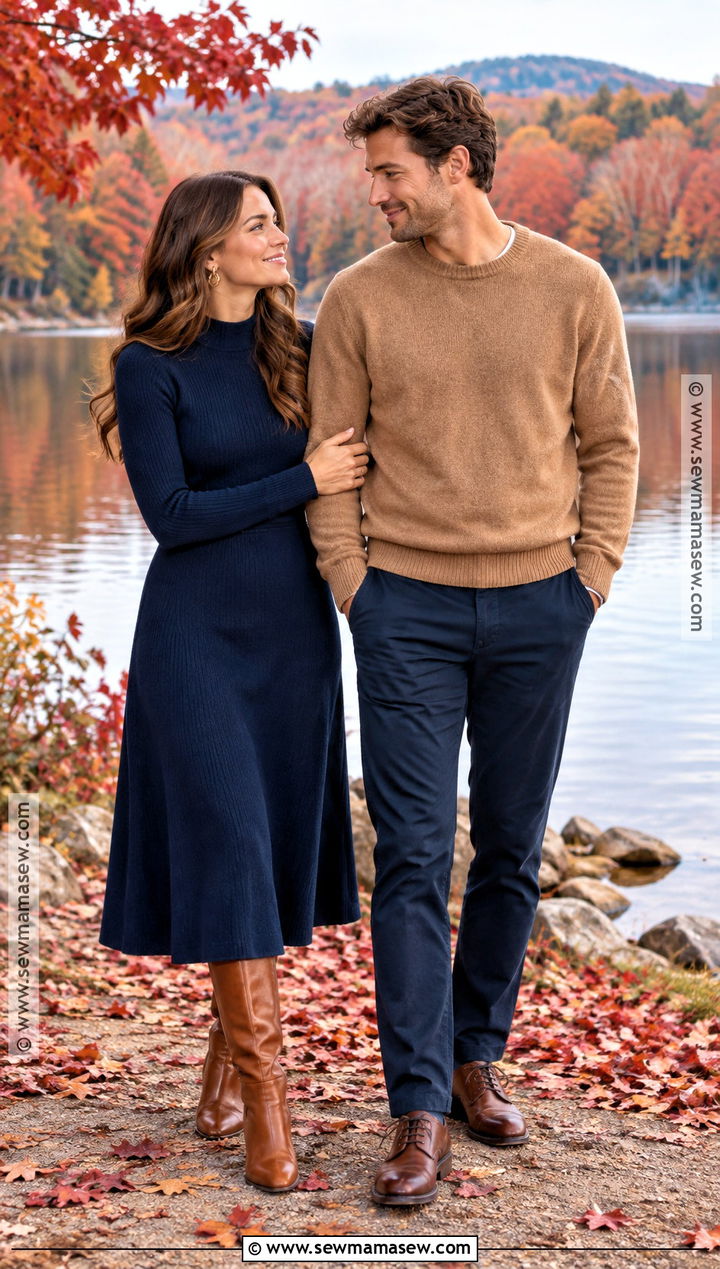 Navy Dress And Camel Sweater Couple Outfit - 20 fall couple photoshoot outfit ideas