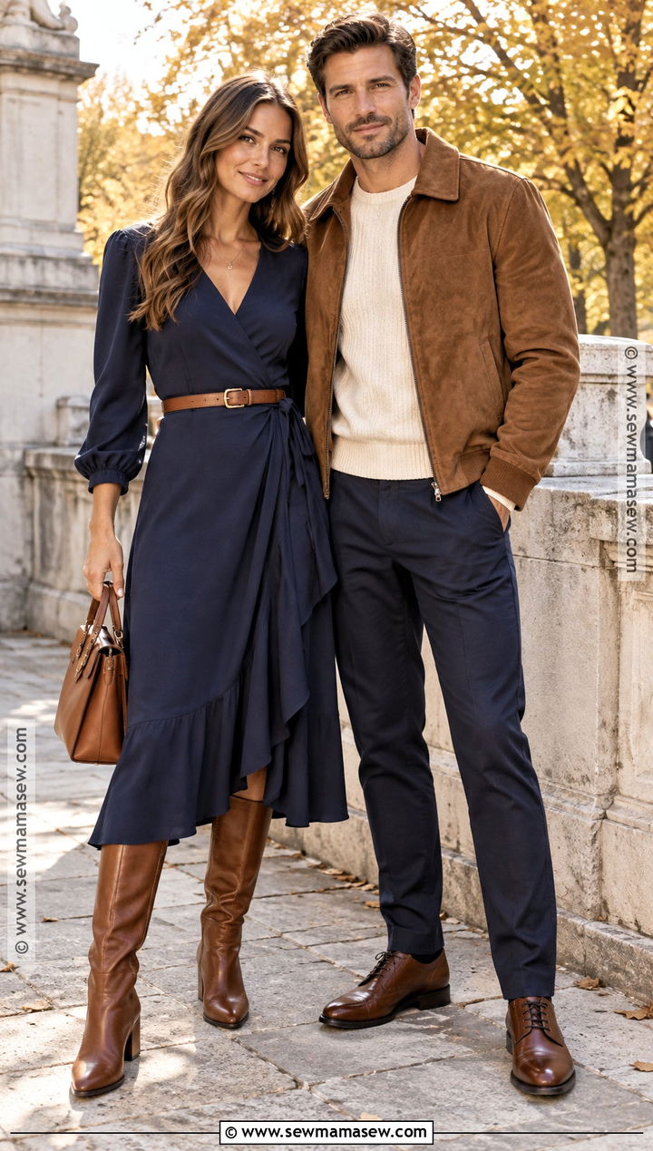 Navy Dress And Cognac Jacket Fall Couple Outfit - 25 fall photo shoot outfits for couples