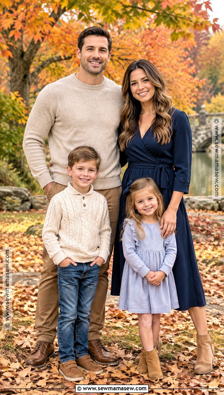Navy Dress And Cream Sweater Family Outfit - 20 blue fall family pictures outfits