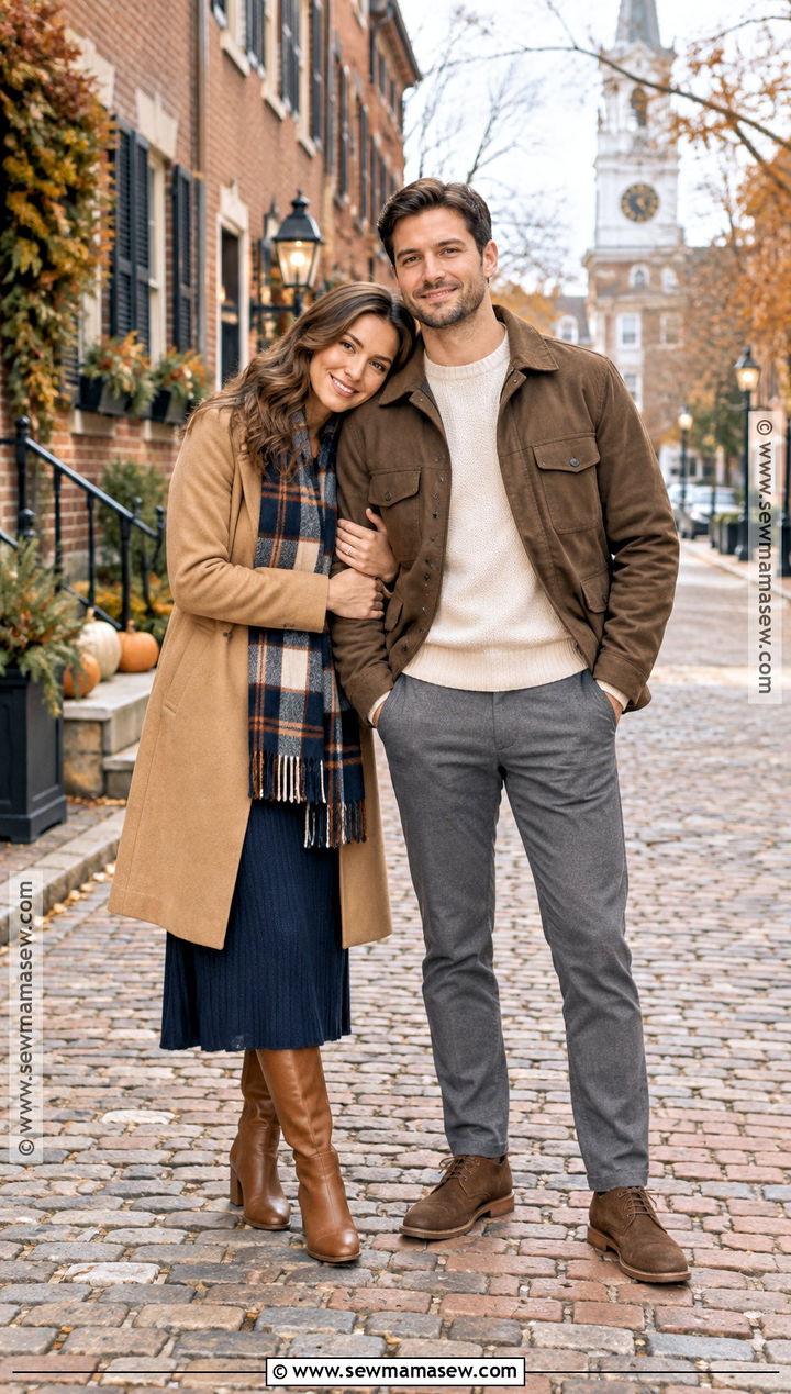 Navy Dress And Plaid Scarf Engagement Photo Outfit - 15 engagement photos outfits november