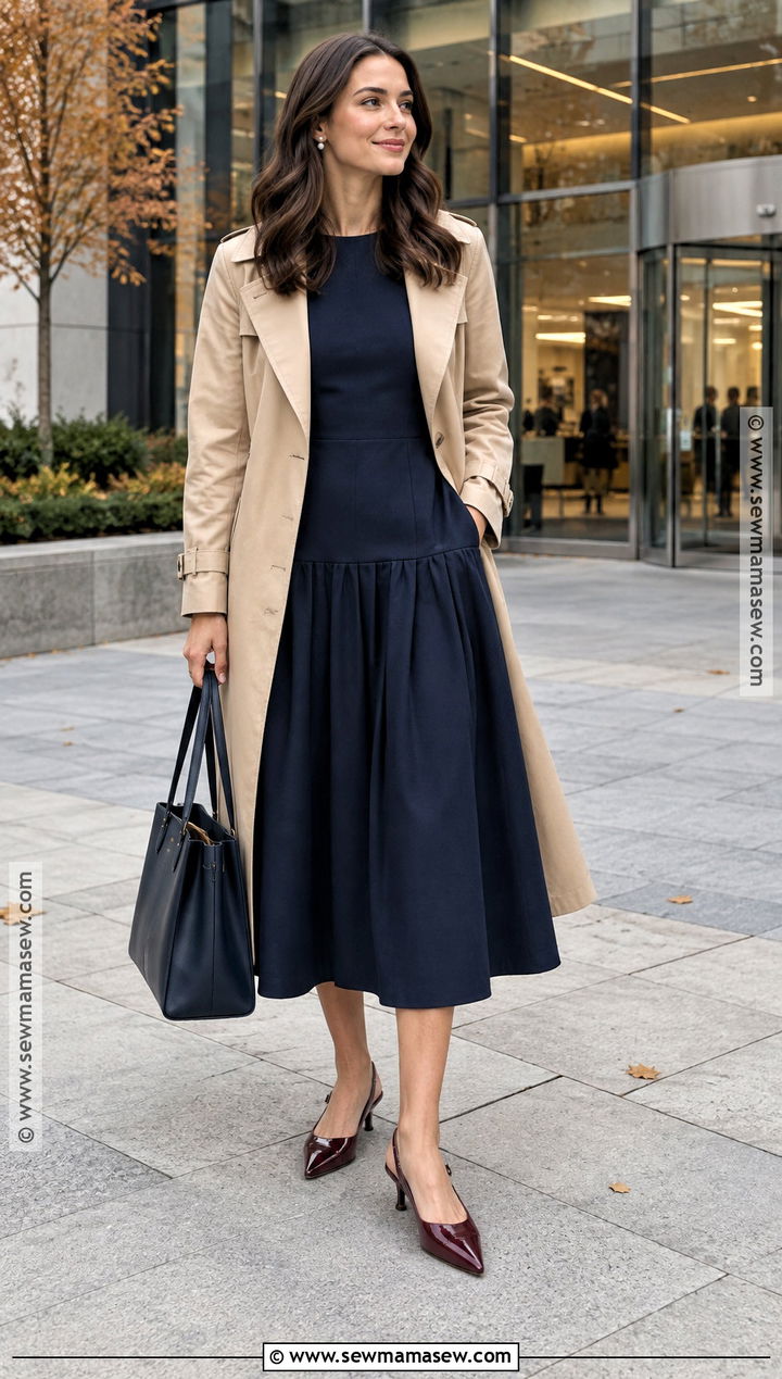 Navy Drop Waist Dress With Trench Coat - 25 autumn dresses