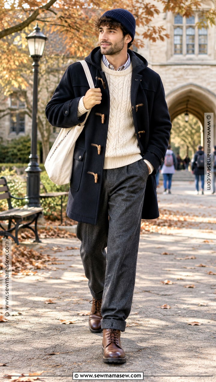 Navy Duffle Coat With Relaxed Trousers - 15 autumn coat ideas for men
