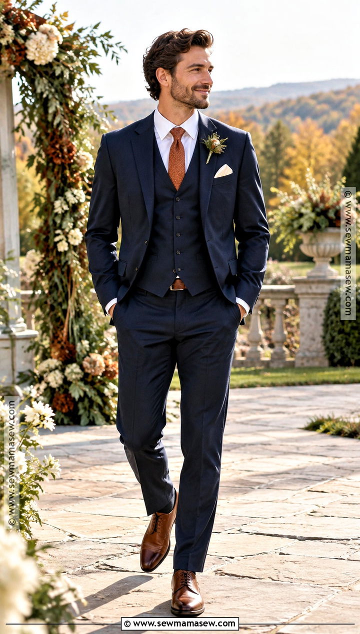 Navy Fall Groom Suit With Rust Tie - 15 fall groom wedding attire ideas
