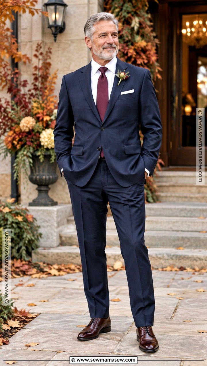 Navy Father Of The Bride Suit With Burgundy Tie - 15 Father Of The Bride Attire Fall Wedding Ideas
