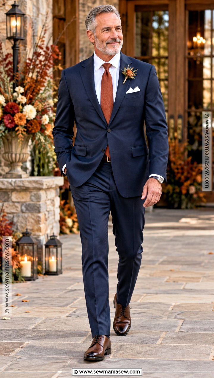 Navy Father Of The Bride Suit With Rust Tie - 15 Fall Wedding Father Of The Bride Outfit Ideas