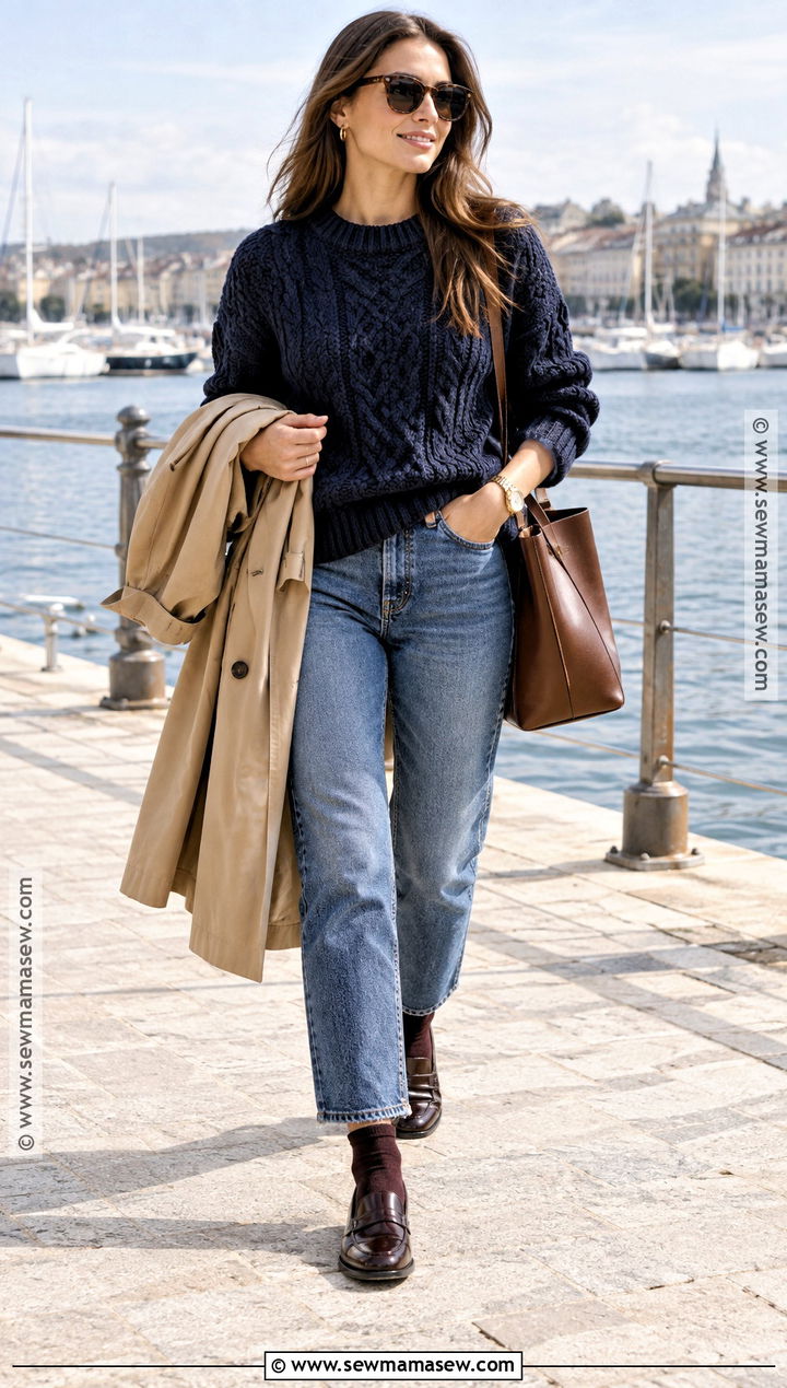 Navy Fisherman Sweater And Cropped Jeans Outfit - 20 Sweater And Jeans Outfit Fall