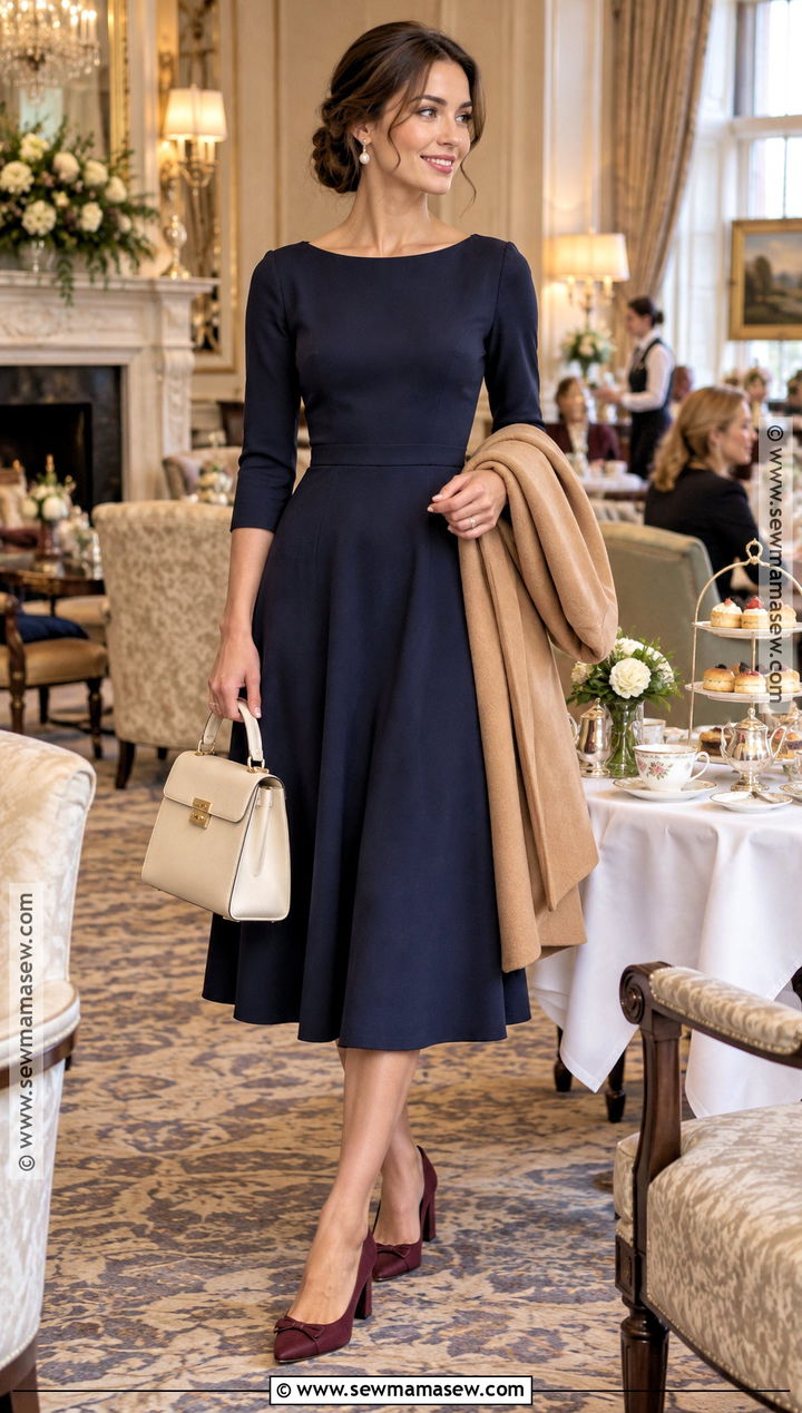 Navy Fit And Flare Dress Afternoon Tea Outfit - 20 fall afternoon tea outfit ideas