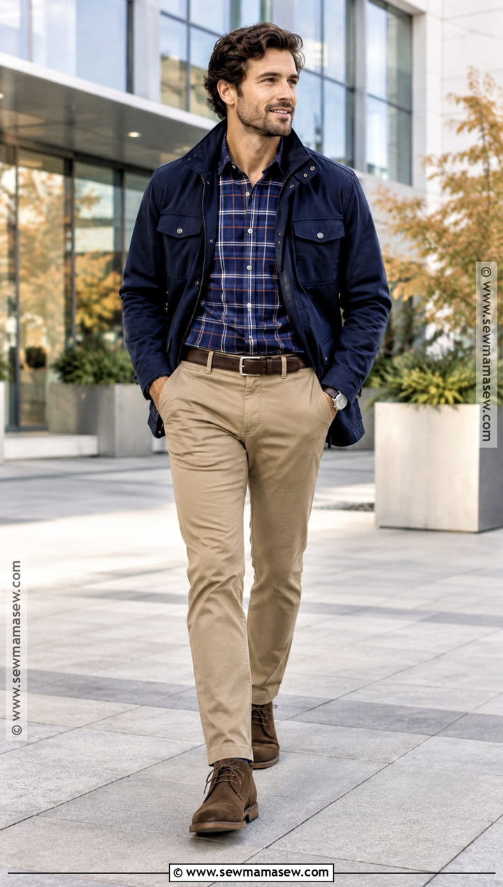 Navy Flannel Outfit With Khaki Chinos - 15 flannel outfits men fall