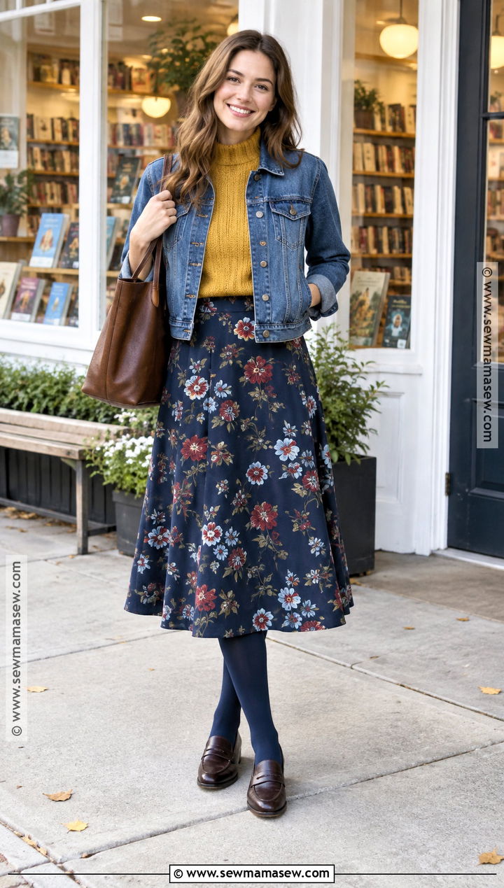 Navy Floral A Line Skirt Outfit - 15 autumn floral skirt design ideas