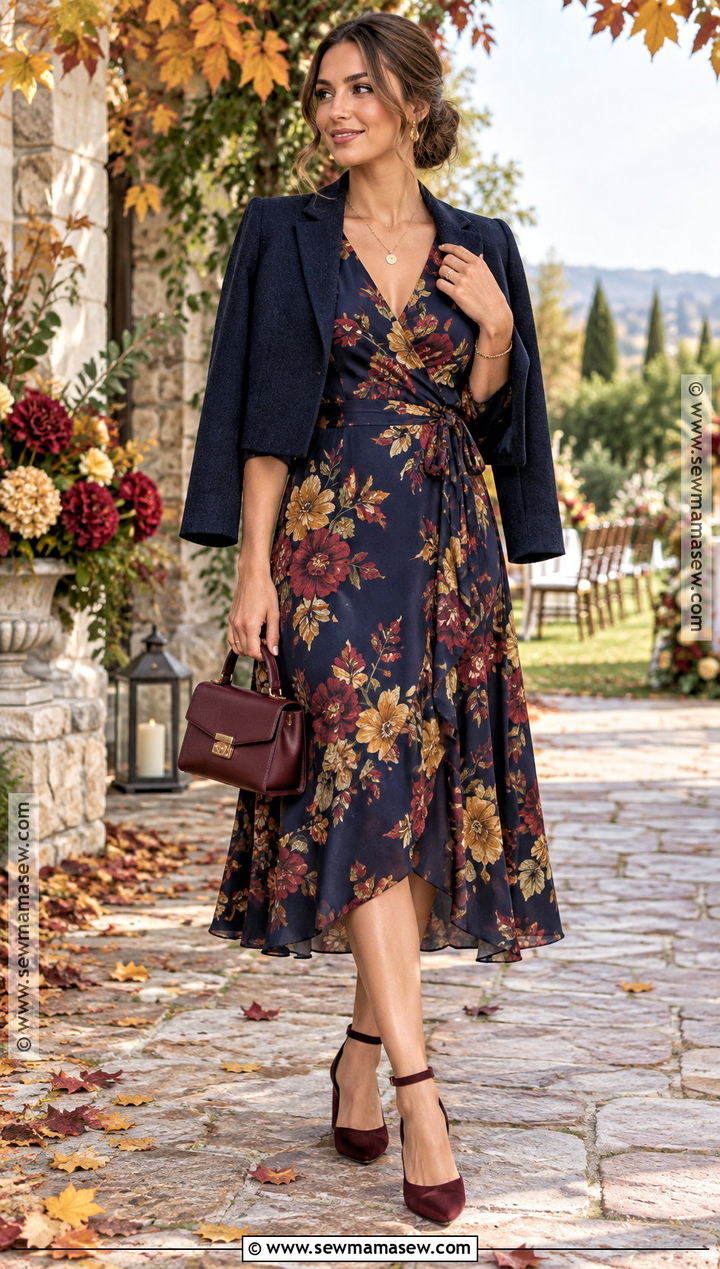 Navy Floral Autumn Wedding Guest Outfit - 15 autumn wedding outfit guest ideas