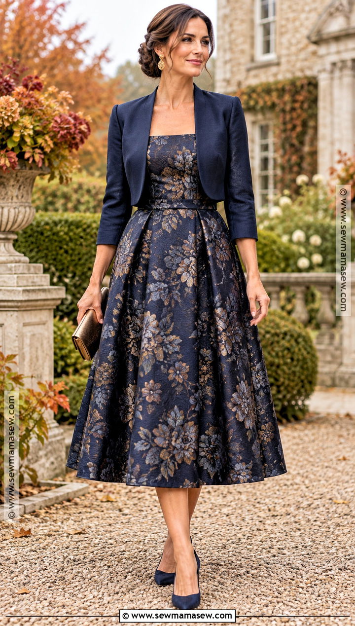 Navy Floral Brocade Mother Of The Groom Midi Dress - 20 mother of the groom dresses over 30 fall