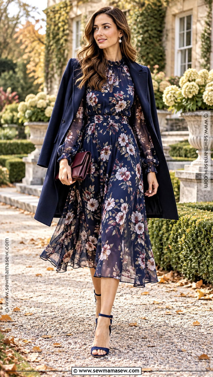 Navy Floral Chiffon Fall Wedding Guest Dress - 15 fall semi formal dresses wedding guest