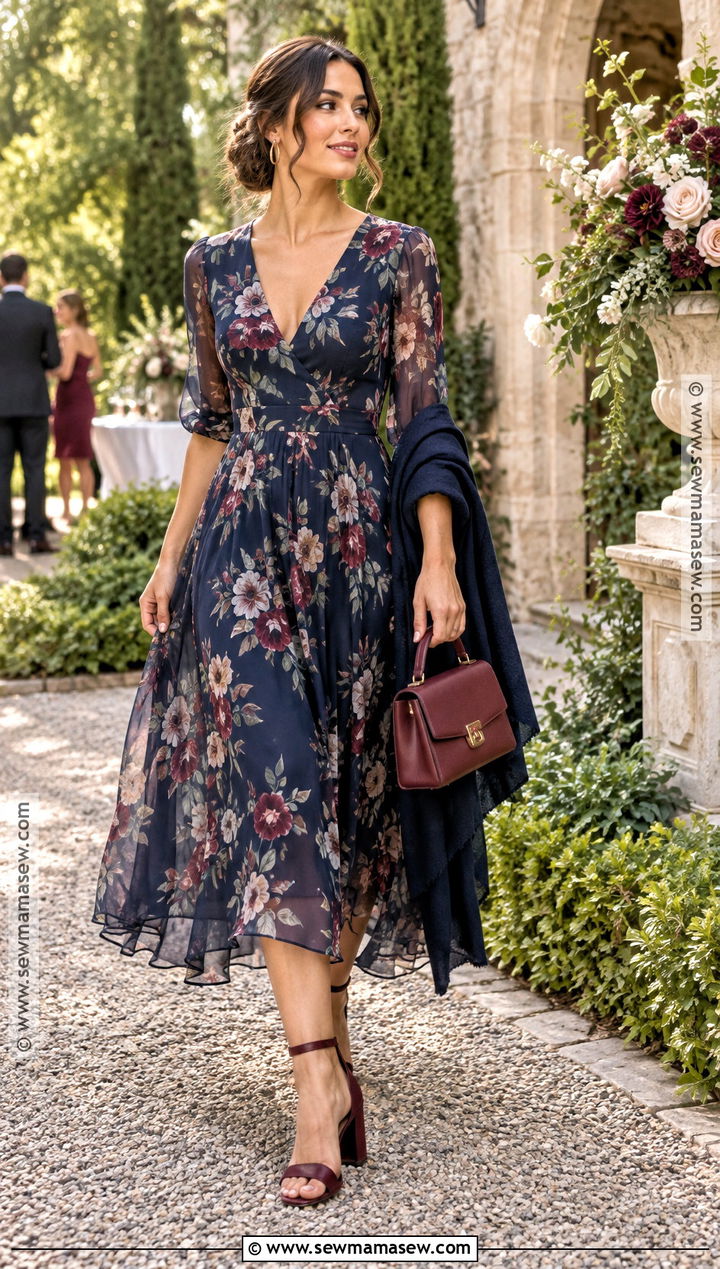 Navy Floral Chiffon Fall Wedding Guest Dress - 15 fall dresses wedding