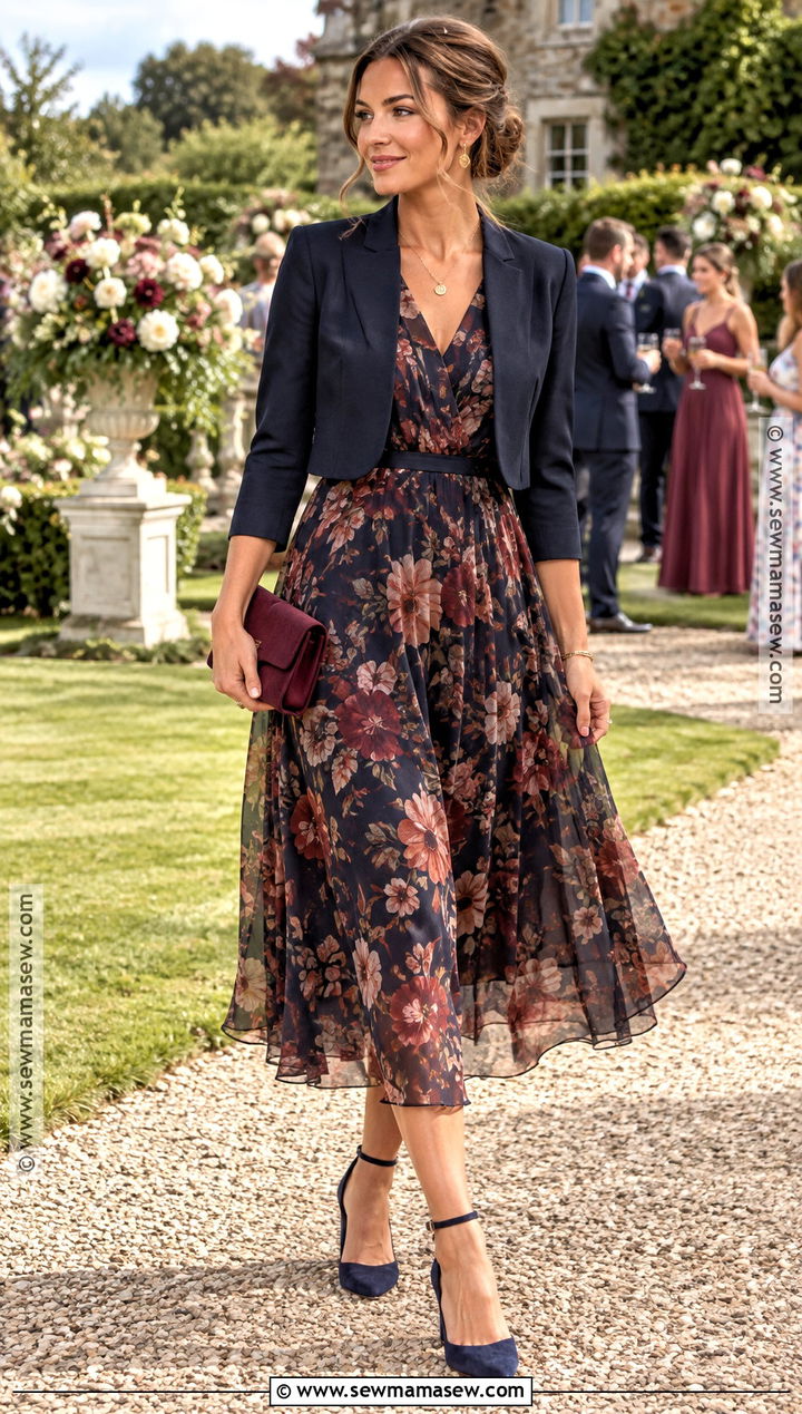 Navy Floral Chiffon Midi Dress Outfit - 15 september guest wedding dress ideas