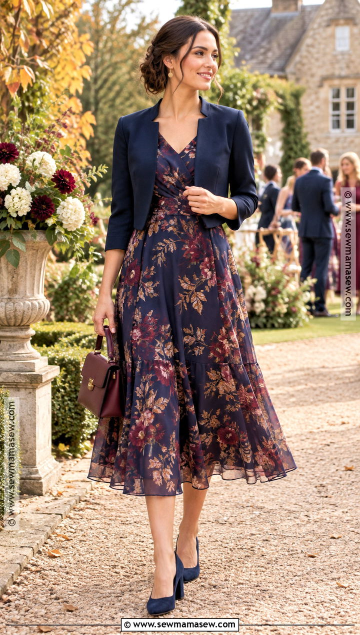 Navy Floral Chiffon Midi Dress Outfit - 15 dresses for fall wedding