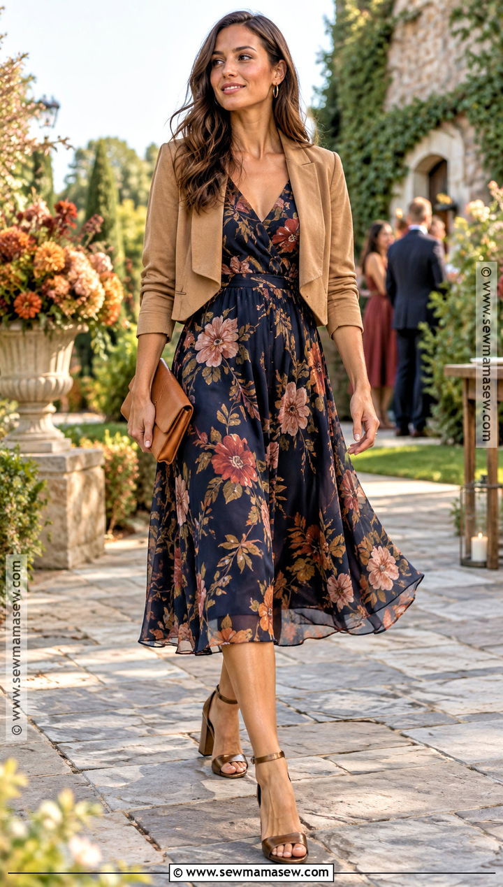 Navy Floral Chiffon Midi Fall Wedding Guest Dress - 15 fall wedding guest dress blue ideas
