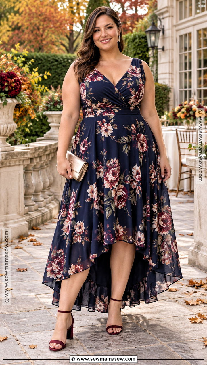Navy Floral High Low Fall Wedding Guest Dress - 25 fall wedding guest dress ideas for plus size