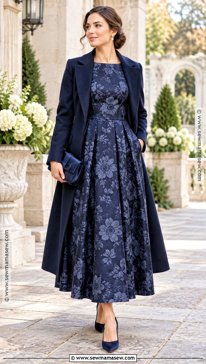 Navy Floral Jacquard Dress - 25 fall formal dresses