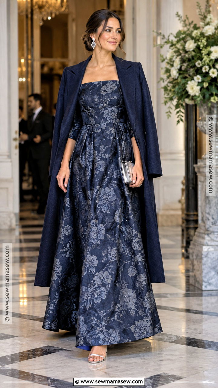 Navy Floral Jacquard Maxi Fall Wedding Guest Dress - 20 fall dress wedding guest ideas