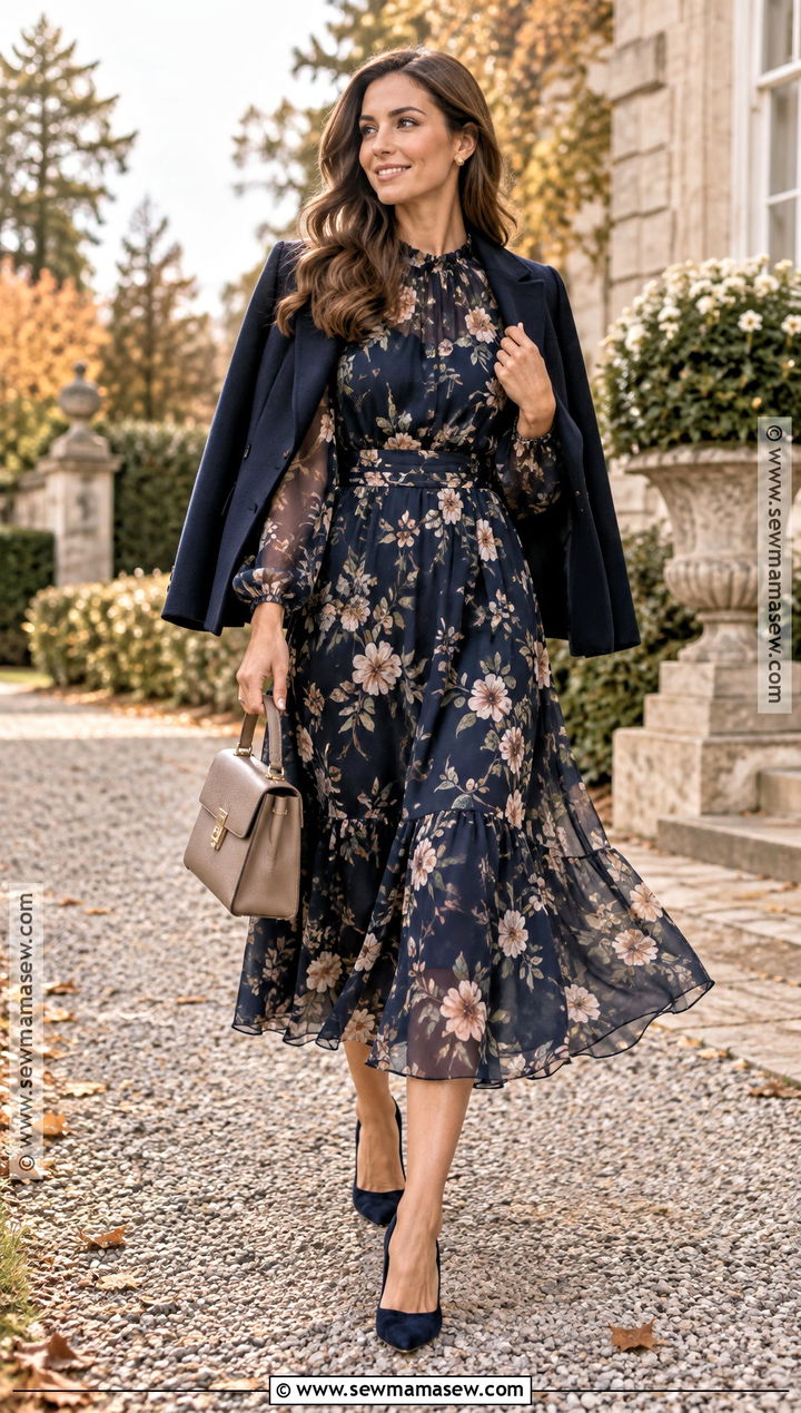 Navy Floral Long Sleeve Chiffon Midi Dress - 15 semi formal dresses for wedding guest fall long sleeve