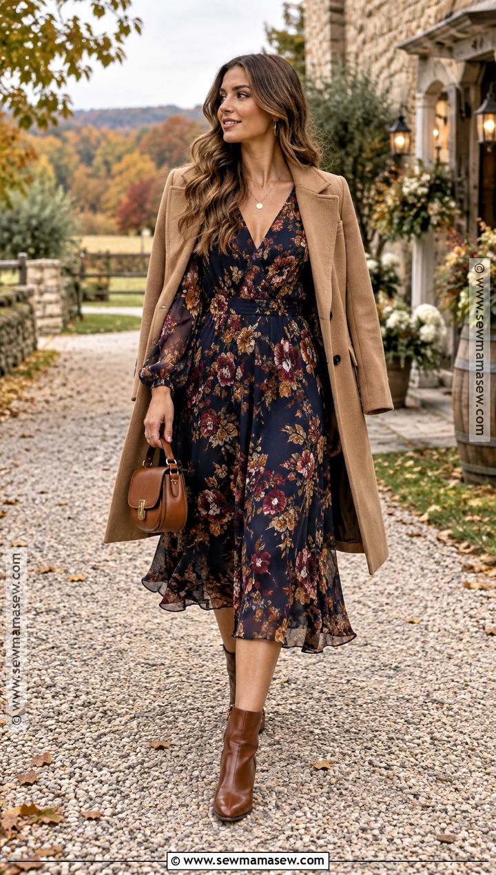 Navy Floral Long Sleeve Dress Outfit - 15 fall rustic wedding guest outfit ideas