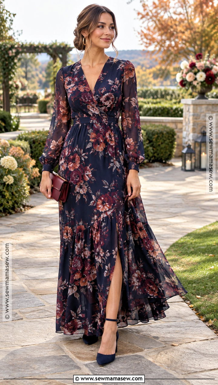 Navy Floral Long Sleeve Maxi Dress - 15 Wedding Guest Maxi Dress Fall Ideas