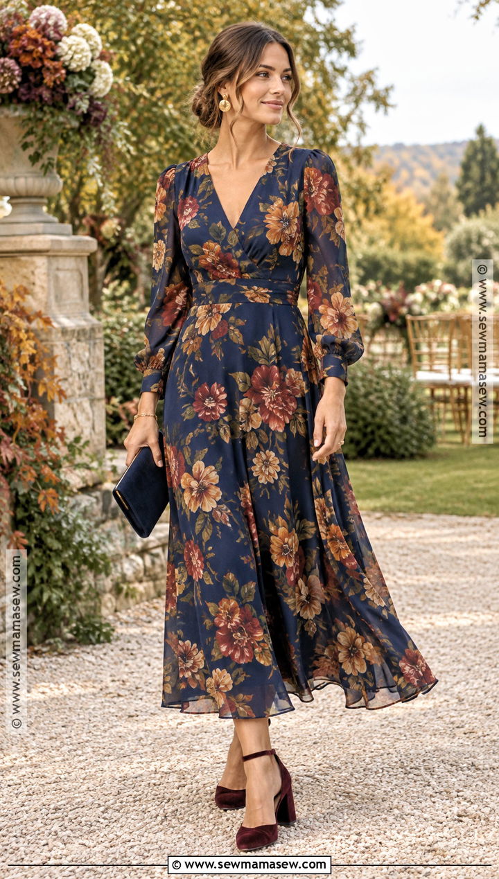 Navy Floral Long Sleeve Wedding Guest Dress - 20 long sleeve wedding guest dress fall ideas