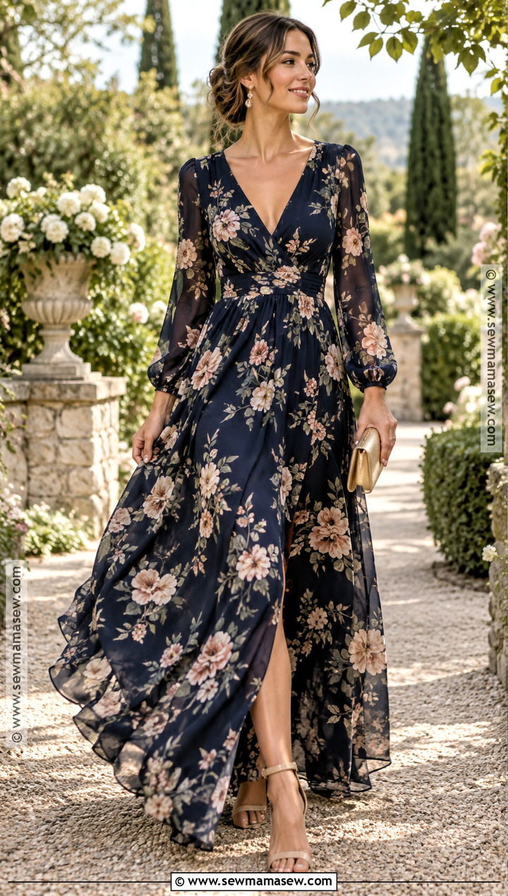 Navy Floral Long Sleeve Wedding Guest Dress - 20 early fall wedding guest dress ideas