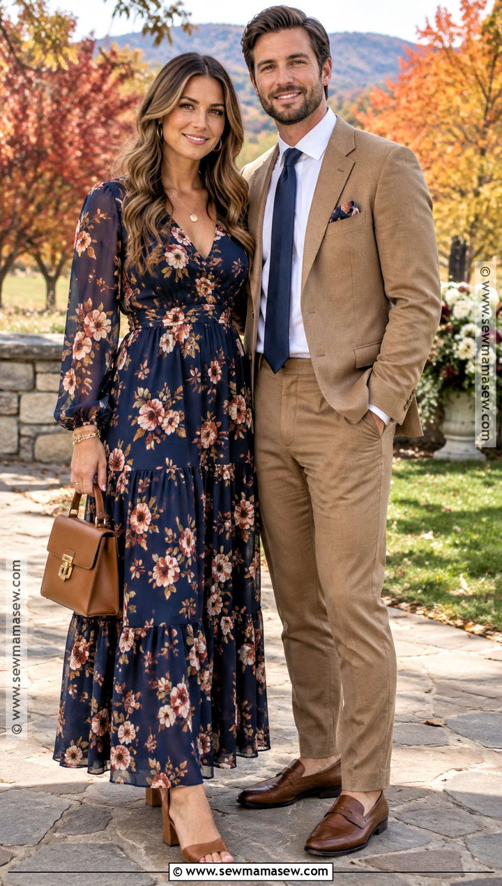 Navy Floral Maxi Dress And Camel Suit Fall Wedding Guest Couple Outfit - 15 Wedding Guest Couple Outfit Fall Ideas