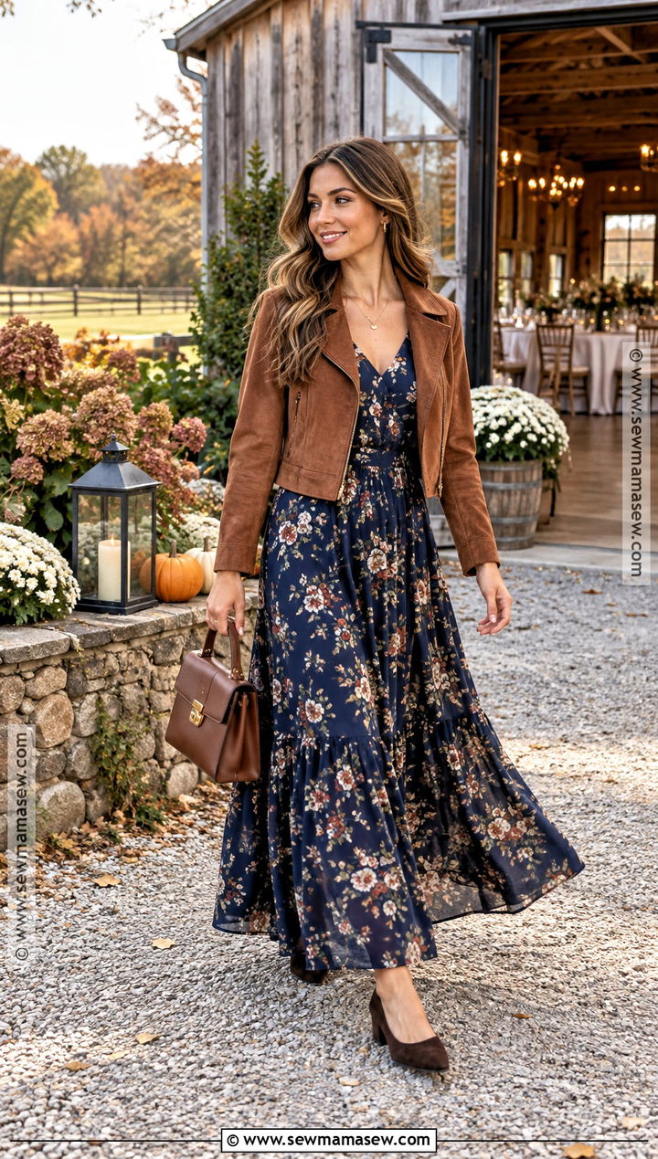 Navy Floral Maxi Dress With A Cropped Jacket - 20 Fall Farm Wedding Guest Attire Ideas