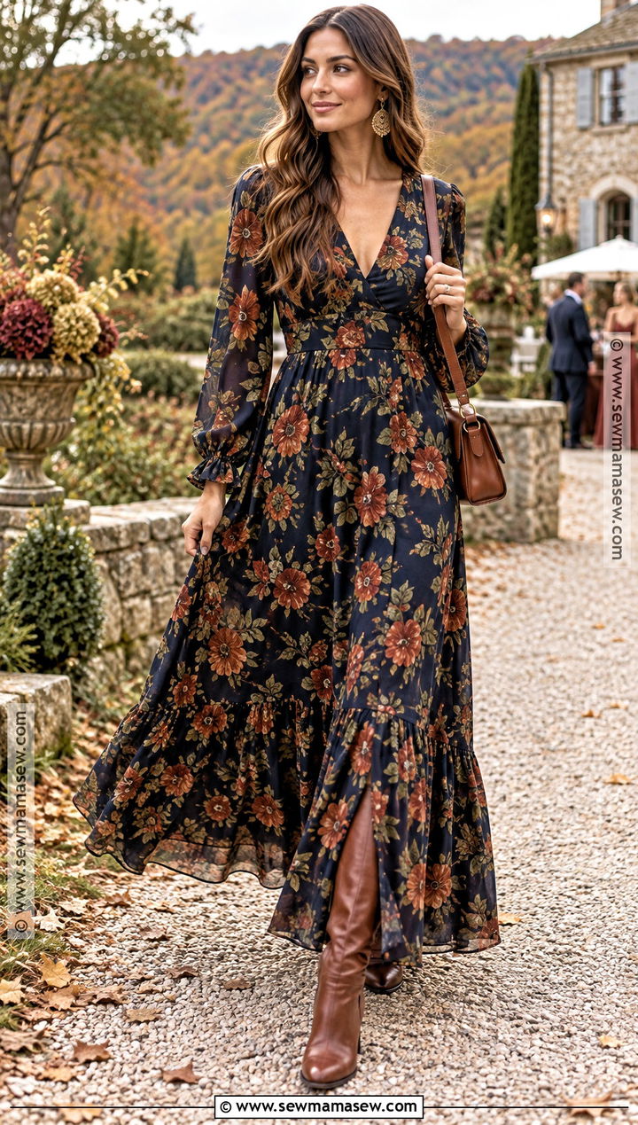 Navy Floral Maxi Dress With Brown Heeled Boots - 20 Fall Wedding Guest Dress With Boots