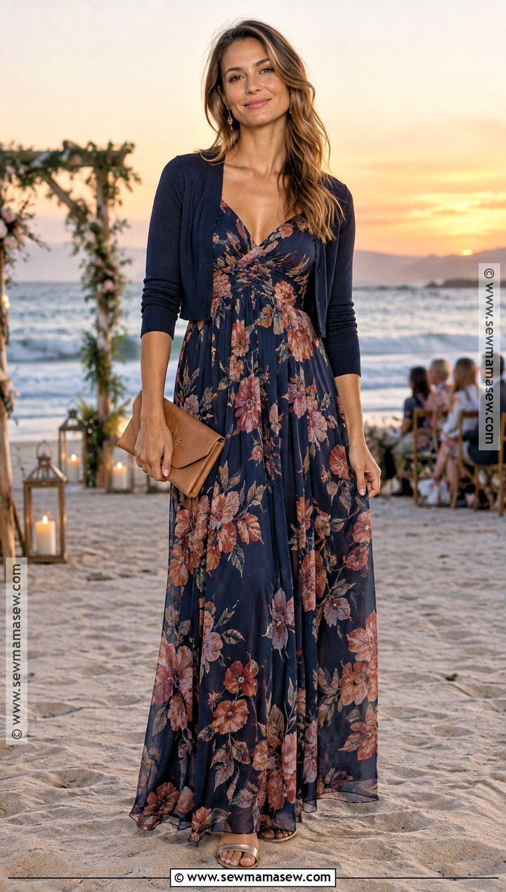 Navy Floral Maxi Fall Beach Wedding Guest Dress - 15 beach wedding guest dress fall ideas