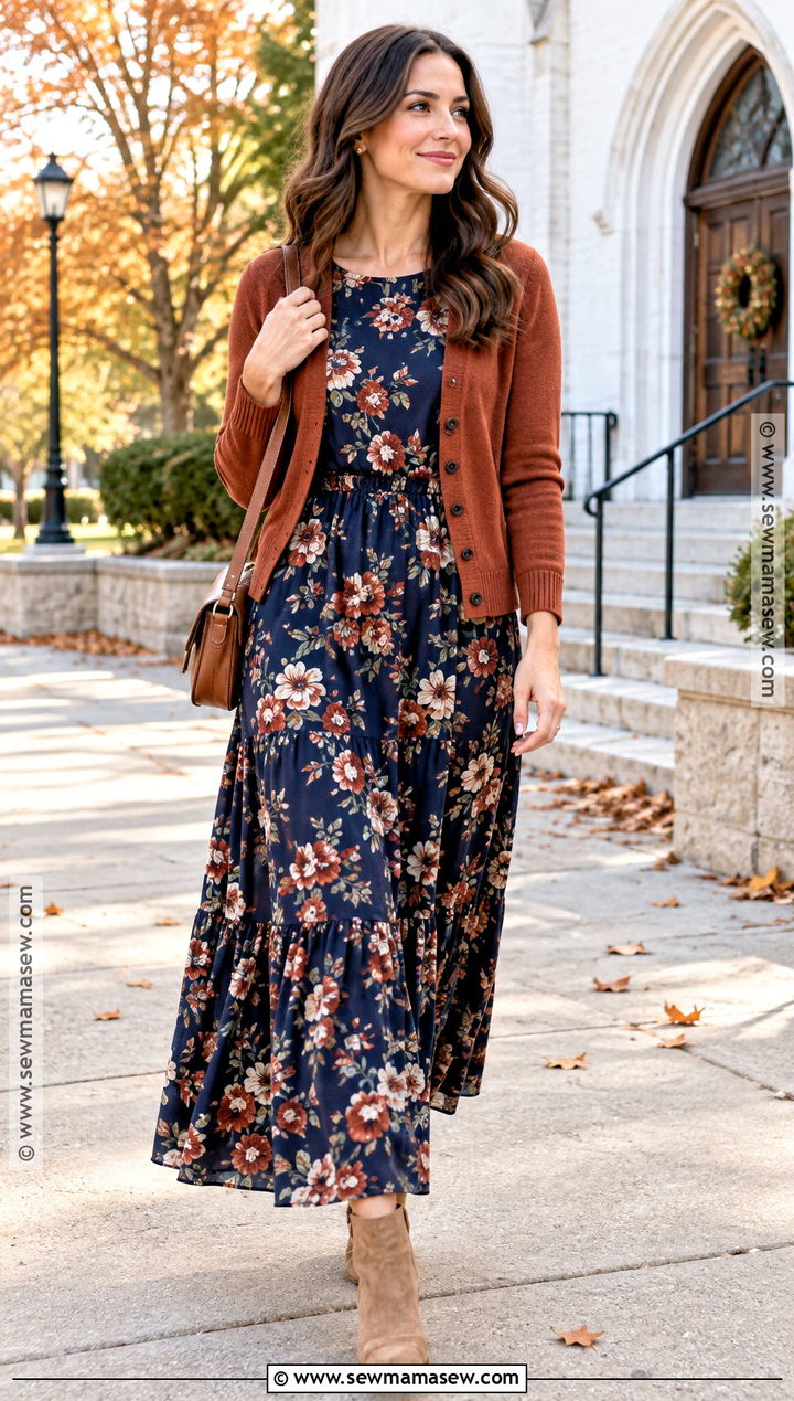 Navy Floral Maxi Fall Church Dress - 15 fall church dresses for women