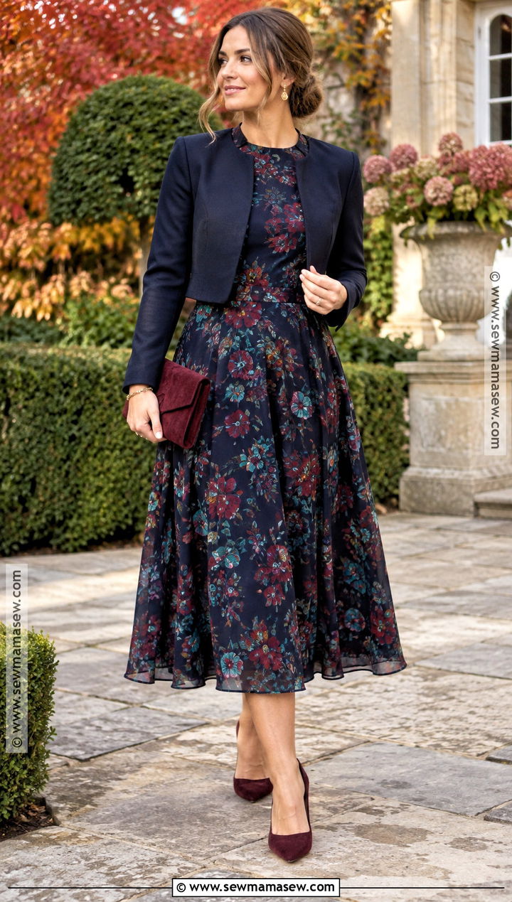 Navy Floral Midi Dress Autumn Wedding Guest Outfit - 15 Autumn Wedding Attire Guest Ideas