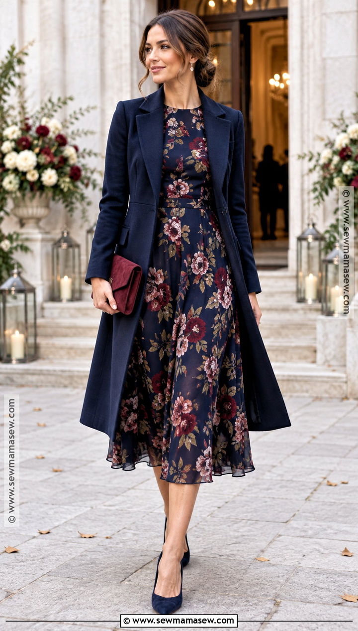 Navy Floral Midi Dress For A November Wedding - 25 november wedding guest outfits