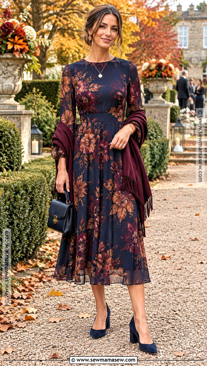 Navy Floral Midi Dress Outdoor Fall Wedding Guest Outfit - 25 outdoor fall wedding guest outfit ideas
