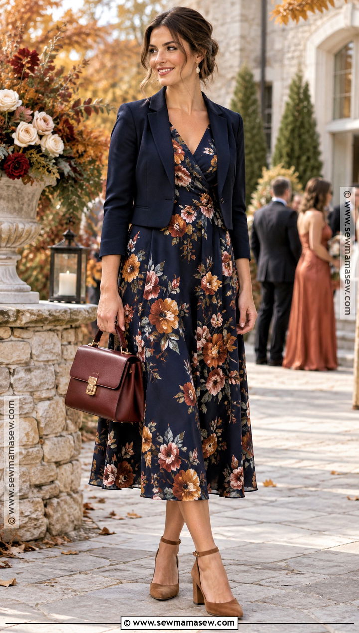 Navy Floral Midi Dress Outfit - 15 fall daytime wedding guest outfit ideas