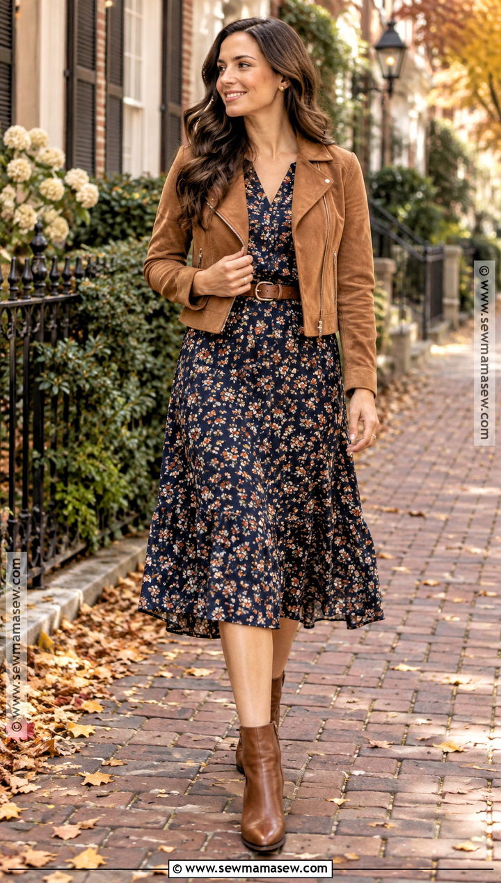 Navy Floral Midi Dress With Brown Boots - 15 fall engagement photos dress ideas