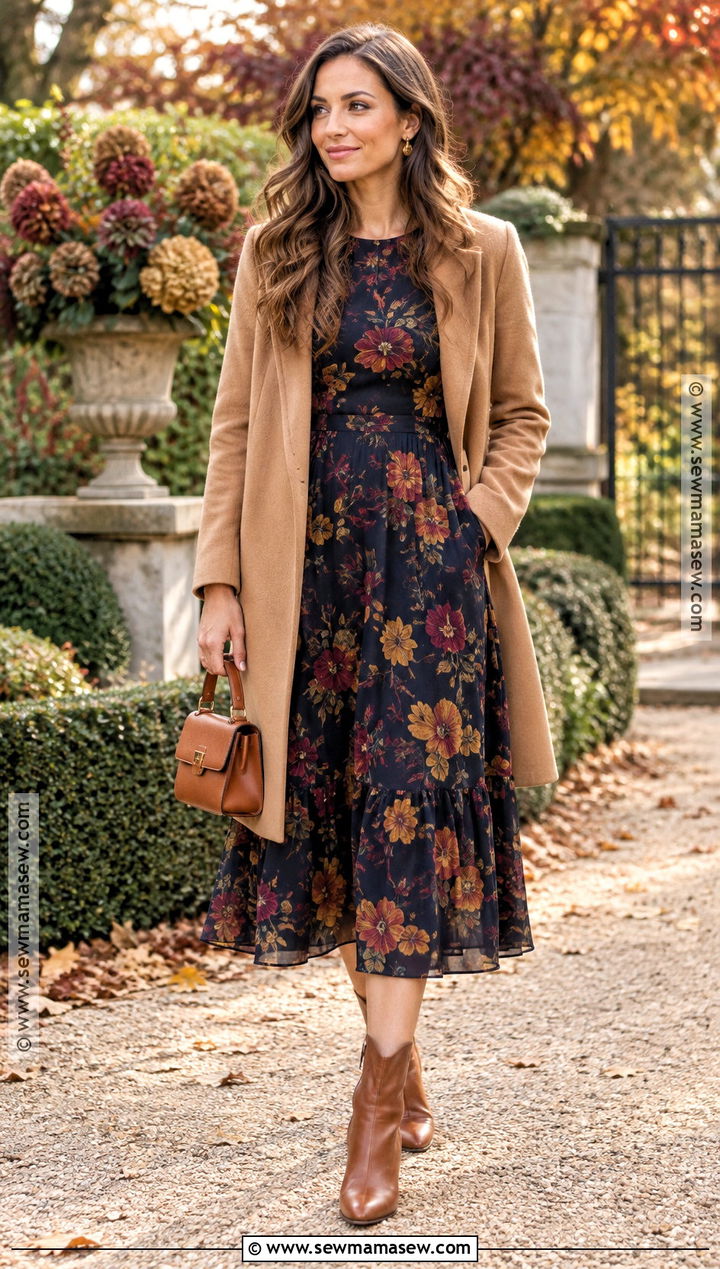 Navy Floral Midi Dress With Tan Booties - 15 Fall Wedding Guest Dress With Booties Ideas
