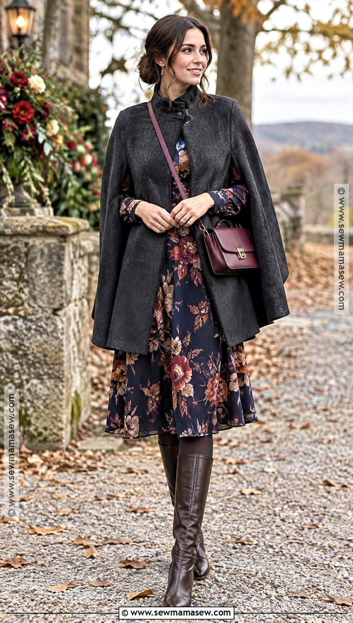 Navy Floral Midi Dress With Wool Cape - 15 november outdoor wedding guest outfit ideas
