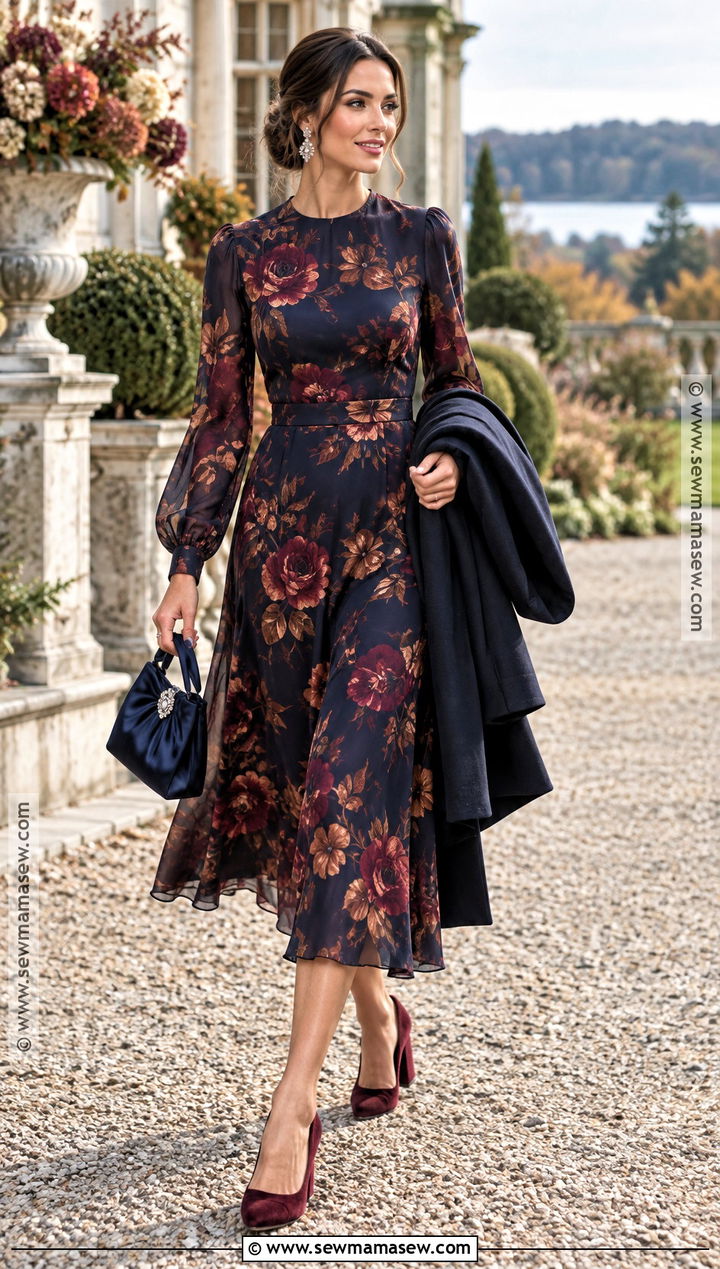 Navy Floral Midi Fall Wedding Guest Outfit - 15 outfits for fall wedding guest