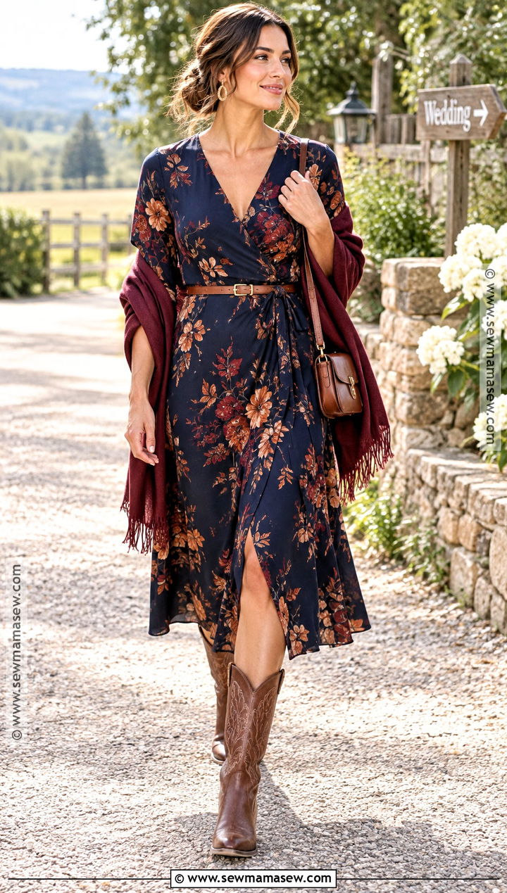 Navy Floral Wrap Dress With Western Boots - 20 fall country wedding guest outfit ideas