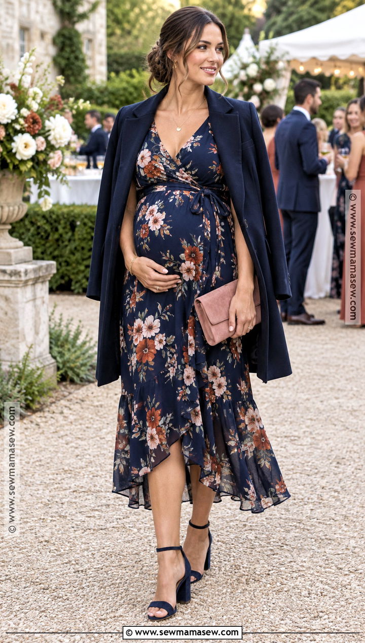 Navy Floral Wrap Maternity Dress - 20 fall maternity wedding guest dress ideas