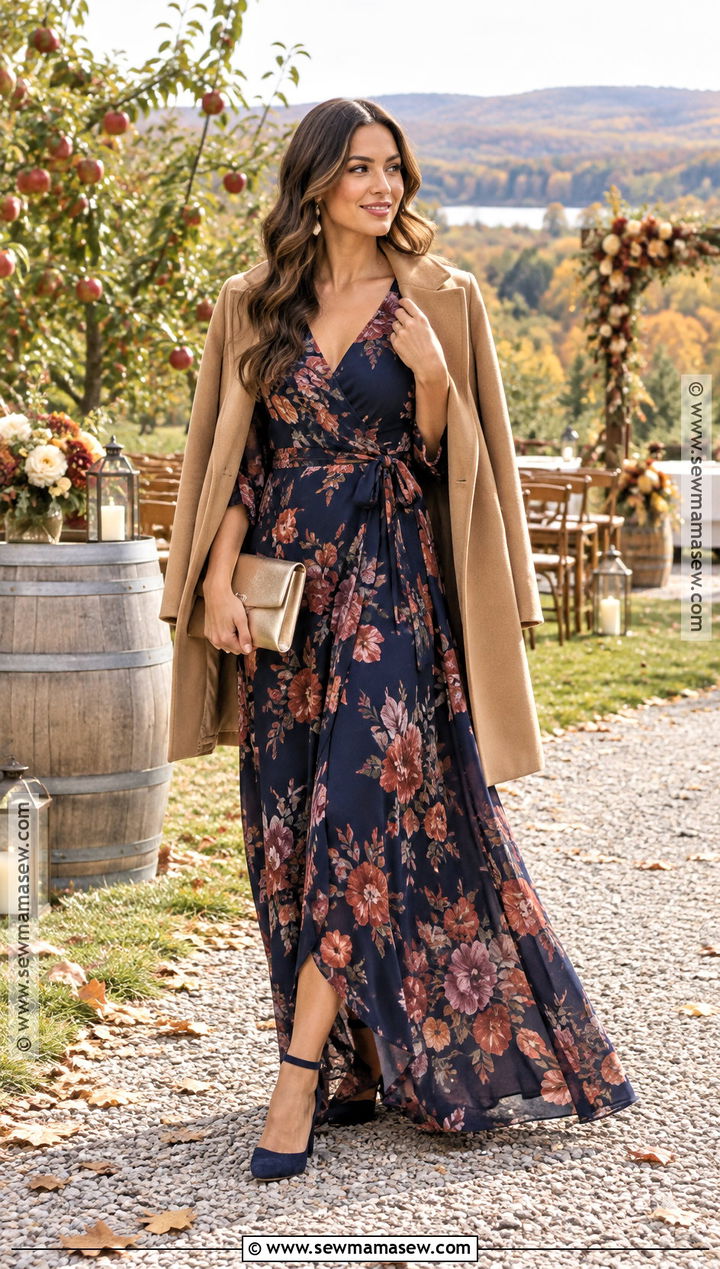 Navy Floral Wrap Maxi Fall Outdoor Wedding Guest Dress - 20 fall outdoor wedding guest dress ideas