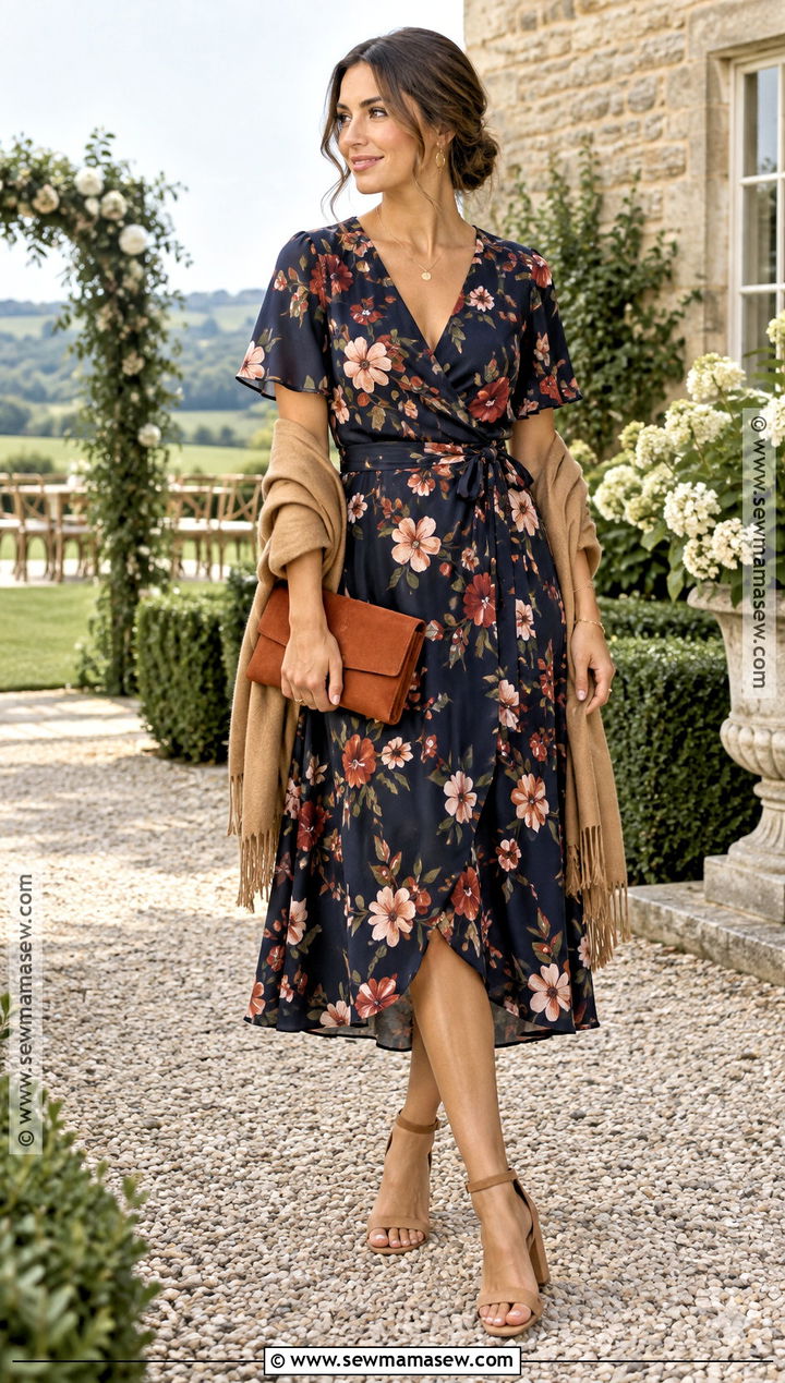 Navy Floral Wrap September Wedding Guest Dress - 25 september wedding guest dress ideas