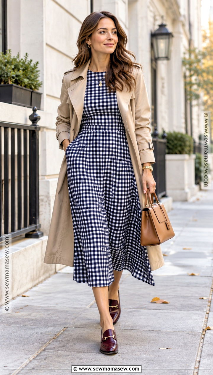 Navy Gingham Dress With Trench Coat - 15 fall gingham fashion ideas