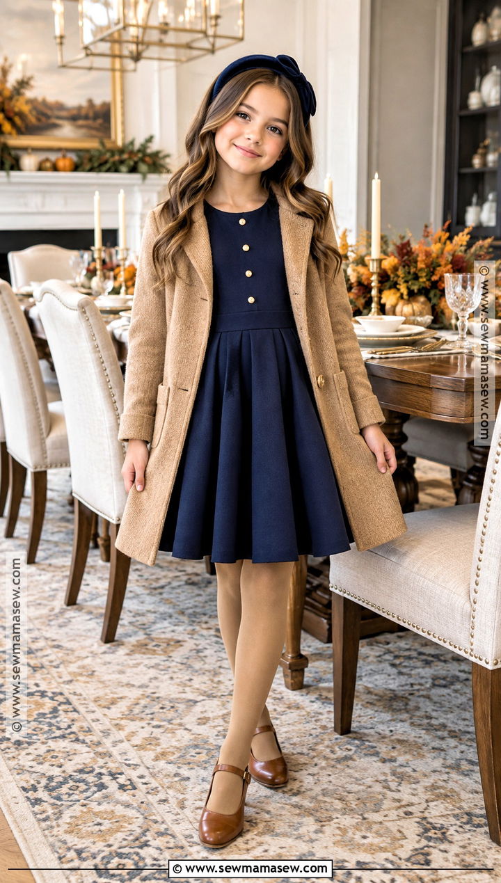 Navy Girls Thanksgiving Dress With Gold Buttons - 15 Girls Thanksgiving Dress Ideas