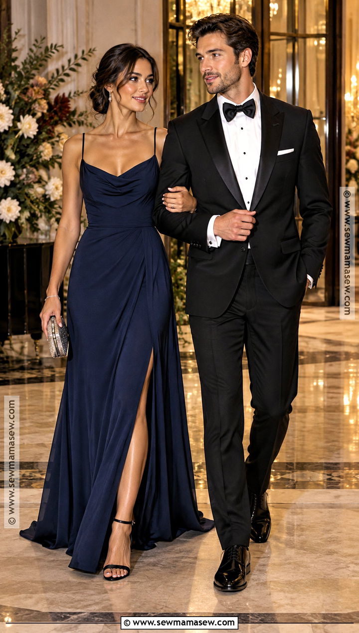 Navy Gown And Black Tuxedo Fall Wedding Guest Couple Outfit - 20 fall wedding guest couple outfits